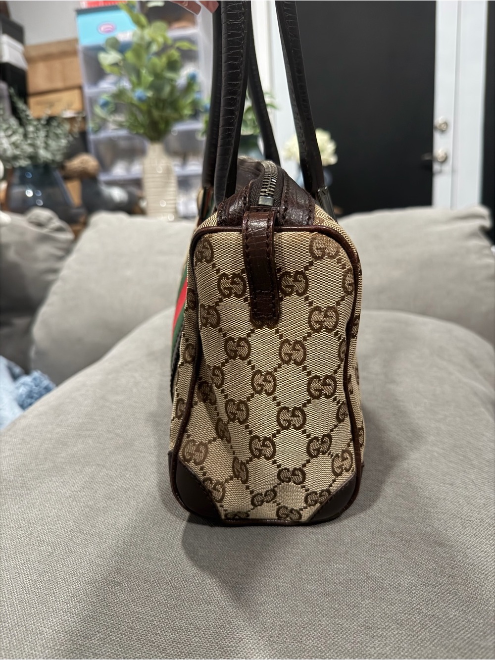 Gucci Brown Monogram Messenger Bag with Green and Red Center Stripe - Picture 4 of 8